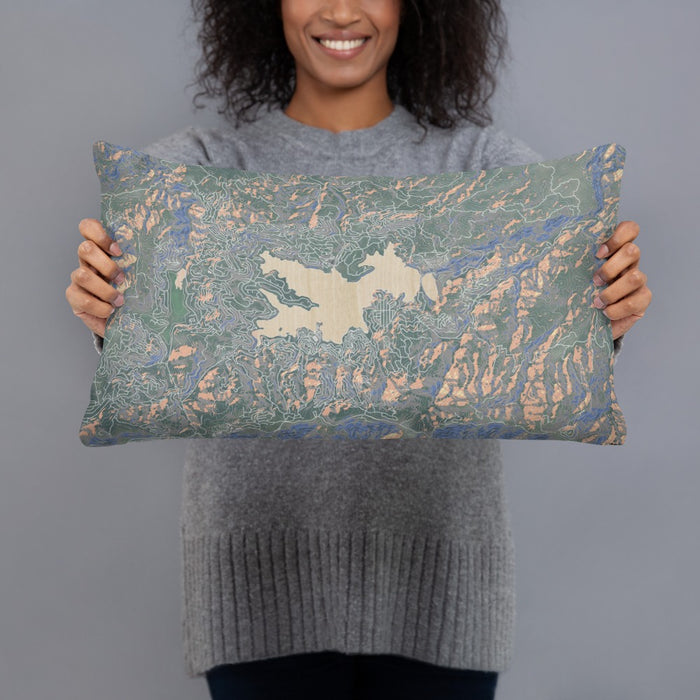 Person holding 20x12 Custom Lake Arrowhead California Map Throw Pillow in Afternoon