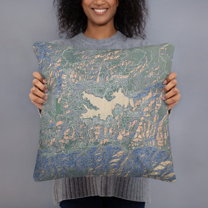 Person holding 18x18 Custom Lake Arrowhead California Map Throw Pillow in Afternoon