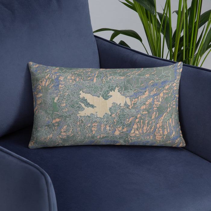 Custom Lake Arrowhead California Map Throw Pillow in Afternoon on Blue Colored Chair
