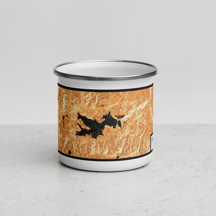 Front View Custom Lake Arrowhead California Map Enamel Mug in Ember