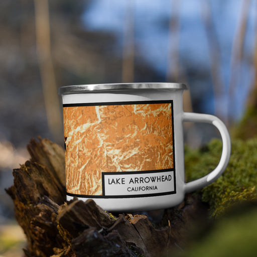 Right View Custom Lake Arrowhead California Map Enamel Mug in Ember on Grass With Trees in Background