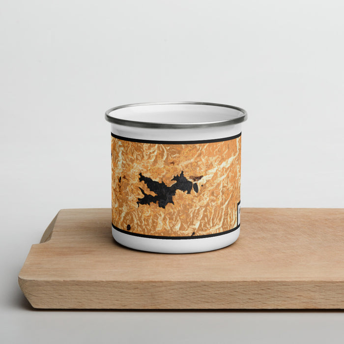 Front View Custom Lake Arrowhead California Map Enamel Mug in Ember on Cutting Board