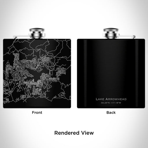 Rendered View of Lake Arrowhead California Map Engraving on 6oz Stainless Steel Flask in Black
