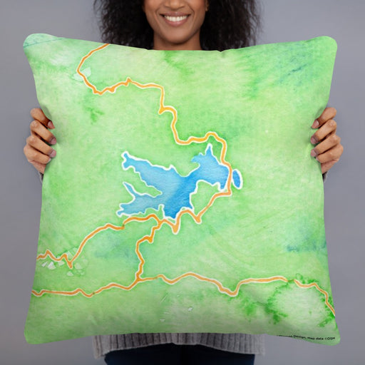 Person holding 22x22 Custom Lake Arrowhead California Map Throw Pillow in Watercolor