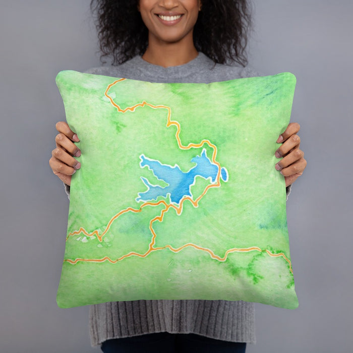 Person holding 18x18 Custom Lake Arrowhead California Map Throw Pillow in Watercolor