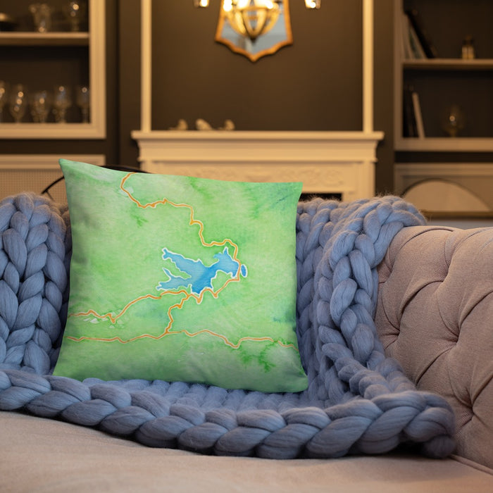 Custom Lake Arrowhead California Map Throw Pillow in Watercolor on Cream Colored Couch