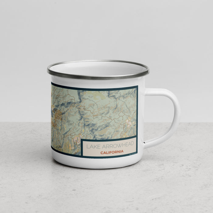 Right View Custom Lake Arrowhead California Map Enamel Mug in Woodblock