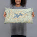 Person holding 20x12 Custom Lake Arrowhead California Map Throw Pillow in Woodblock