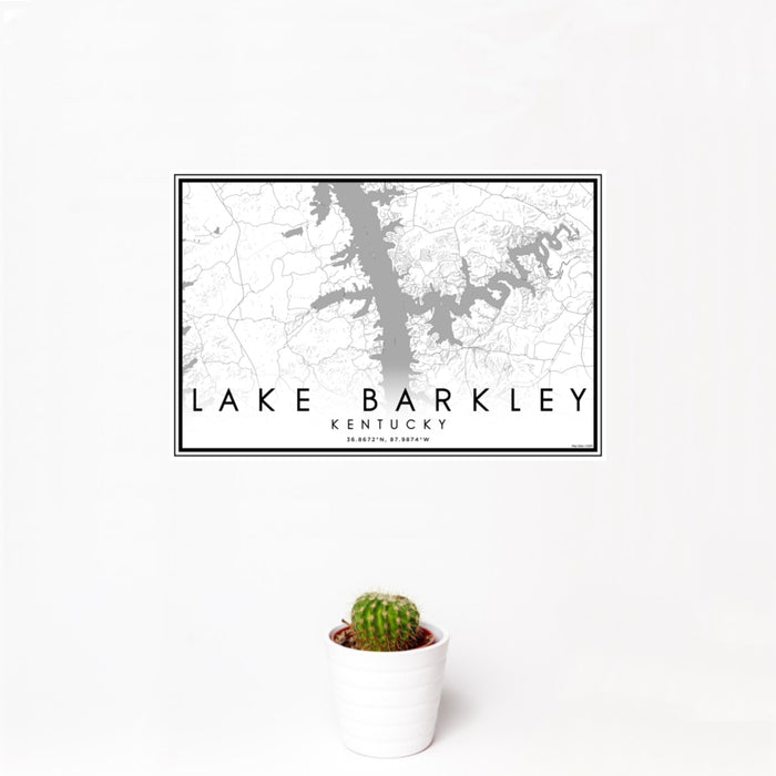 12x18 Lake Barkley Kentucky Map Print Landscape Orientation in Classic Style With Small Cactus Plant in White Planter