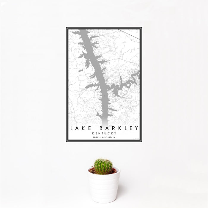 12x18 Lake Barkley Kentucky Map Print Portrait Orientation in Classic Style With Small Cactus Plant in White Planter