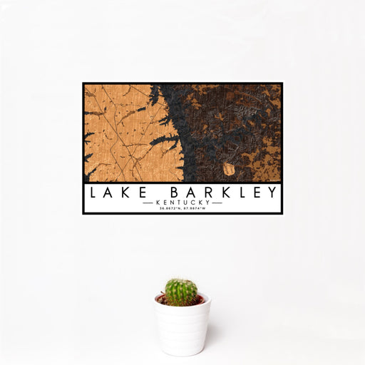 12x18 Lake Barkley Kentucky Map Print Landscape Orientation in Ember Style With Small Cactus Plant in White Planter