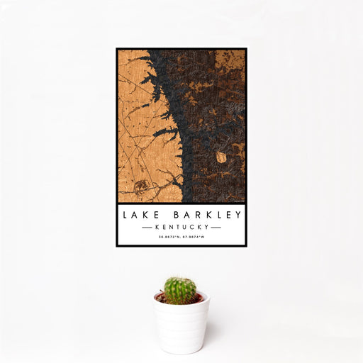 12x18 Lake Barkley Kentucky Map Print Portrait Orientation in Ember Style With Small Cactus Plant in White Planter
