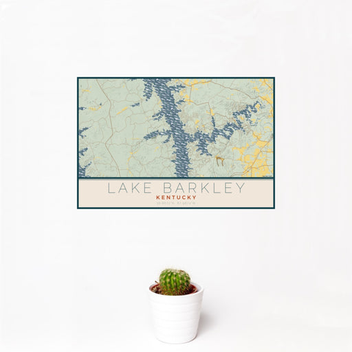 12x18 Lake Barkley Kentucky Map Print Landscape Orientation in Woodblock Style With Small Cactus Plant in White Planter