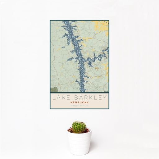 12x18 Lake Barkley Kentucky Map Print Portrait Orientation in Woodblock Style With Small Cactus Plant in White Planter