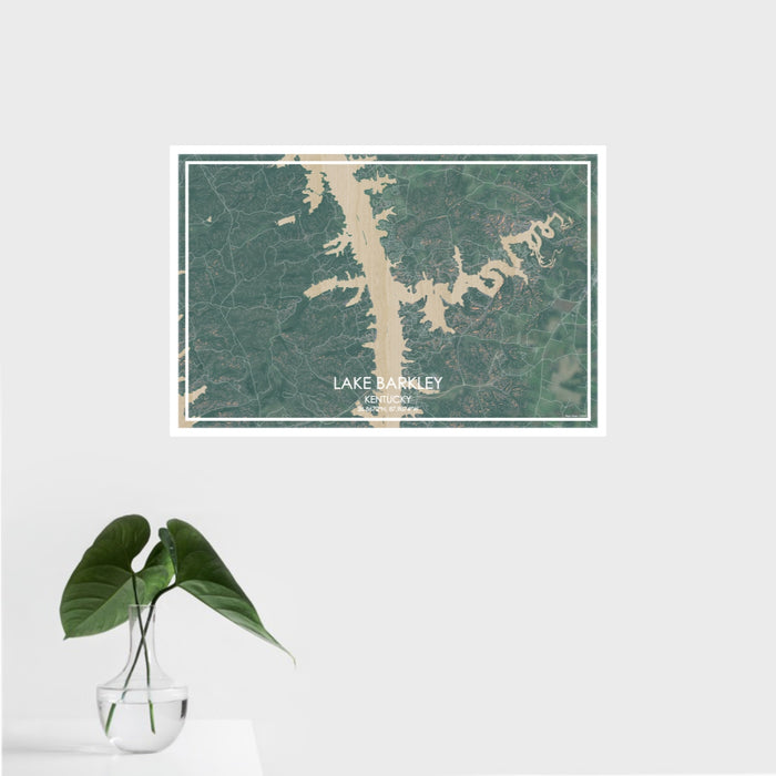 16x24 Lake Barkley Kentucky Map Print Landscape Orientation in Afternoon Style With Tropical Plant Leaves in Water