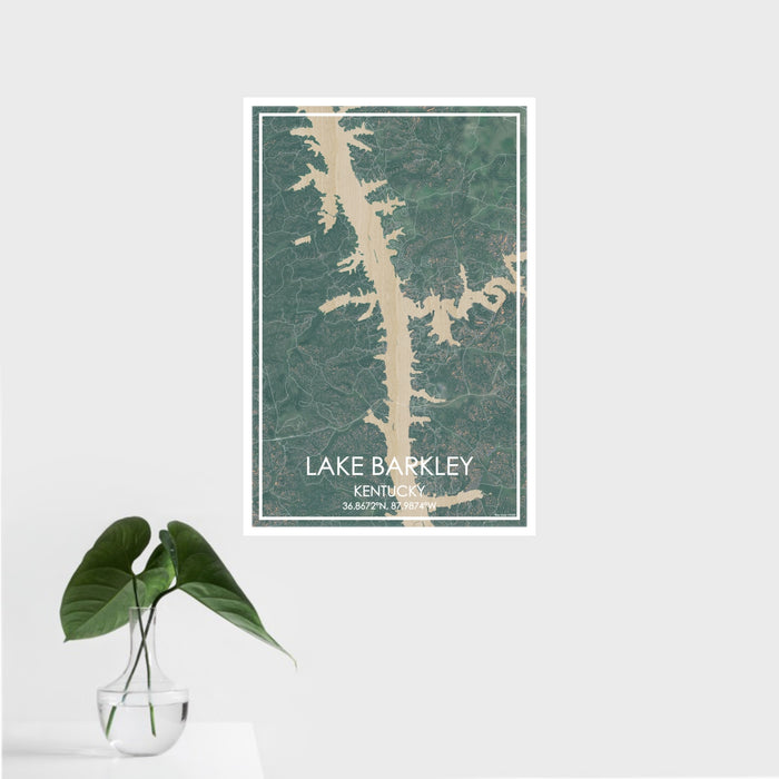 16x24 Lake Barkley Kentucky Map Print Portrait Orientation in Afternoon Style With Tropical Plant Leaves in Water
