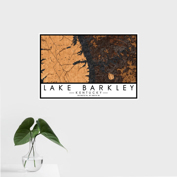 16x24 Lake Barkley Kentucky Map Print Landscape Orientation in Ember Style With Tropical Plant Leaves in Water