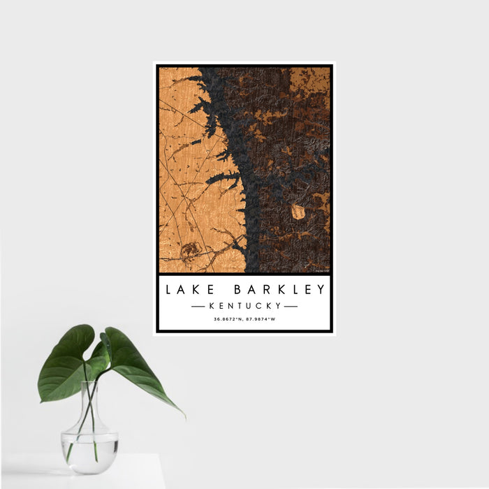 16x24 Lake Barkley Kentucky Map Print Portrait Orientation in Ember Style With Tropical Plant Leaves in Water