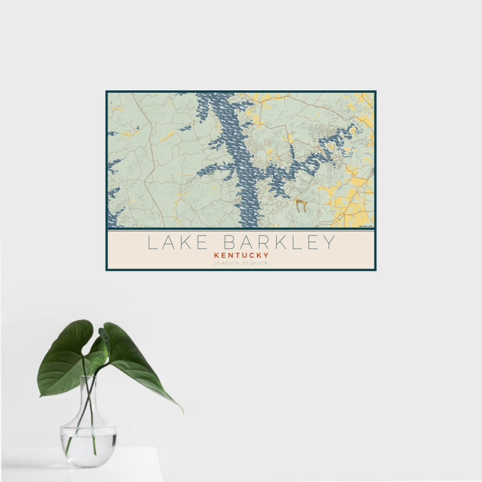 16x24 Lake Barkley Kentucky Map Print Landscape Orientation in Woodblock Style With Tropical Plant Leaves in Water
