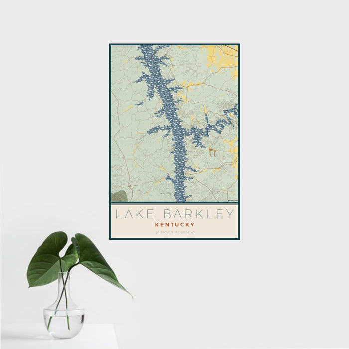16x24 Lake Barkley Kentucky Map Print Portrait Orientation in Woodblock Style With Tropical Plant Leaves in Water