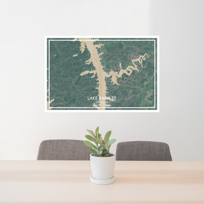 24x36 Lake Barkley Kentucky Map Print Lanscape Orientation in Afternoon Style Behind 2 Chairs Table and Potted Plant