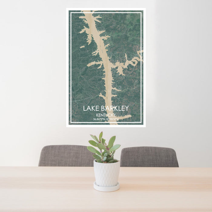 24x36 Lake Barkley Kentucky Map Print Portrait Orientation in Afternoon Style Behind 2 Chairs Table and Potted Plant