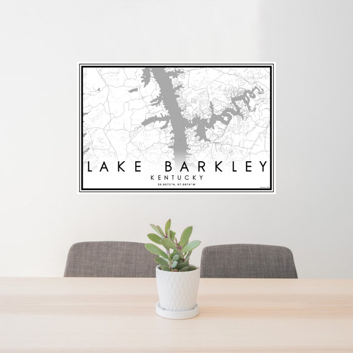 24x36 Lake Barkley Kentucky Map Print Lanscape Orientation in Classic Style Behind 2 Chairs Table and Potted Plant