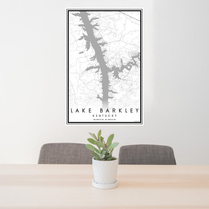 24x36 Lake Barkley Kentucky Map Print Portrait Orientation in Classic Style Behind 2 Chairs Table and Potted Plant