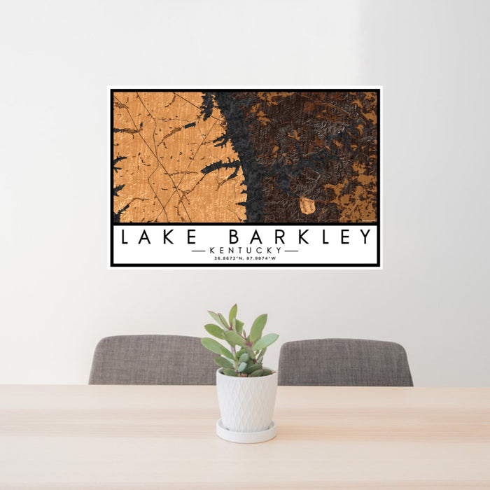 24x36 Lake Barkley Kentucky Map Print Lanscape Orientation in Ember Style Behind 2 Chairs Table and Potted Plant