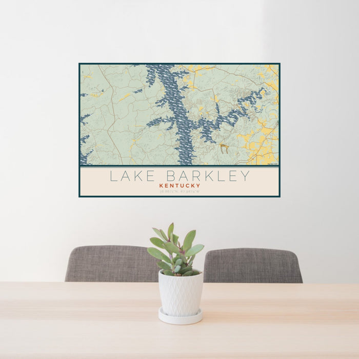 24x36 Lake Barkley Kentucky Map Print Lanscape Orientation in Woodblock Style Behind 2 Chairs Table and Potted Plant