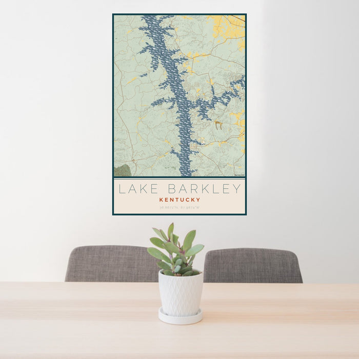24x36 Lake Barkley Kentucky Map Print Portrait Orientation in Woodblock Style Behind 2 Chairs Table and Potted Plant