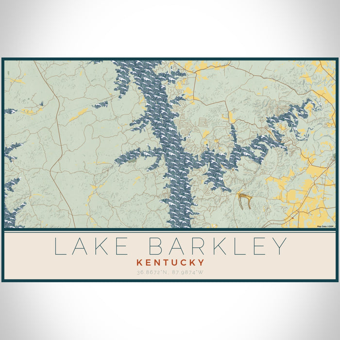 Lake Barkley Kentucky Map Print Landscape Orientation in Woodblock Style With Shaded Background