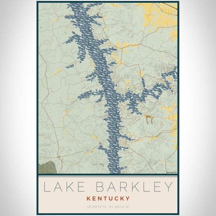 Lake Barkley Kentucky Map Print Portrait Orientation in Woodblock Style With Shaded Background
