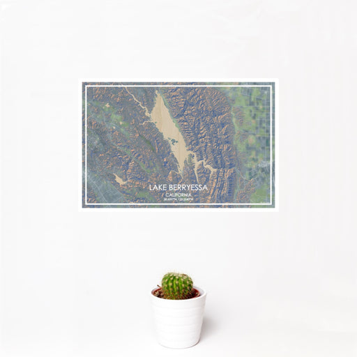 12x18 Lake Berryessa California Map Print Landscape Orientation in Afternoon Style With Small Cactus Plant in White Planter
