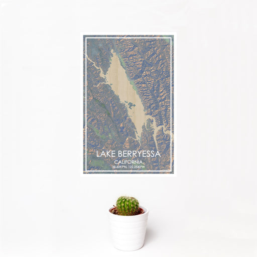 12x18 Lake Berryessa California Map Print Portrait Orientation in Afternoon Style With Small Cactus Plant in White Planter