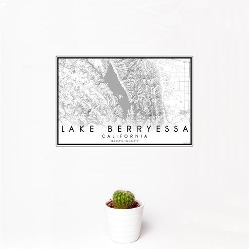 12x18 Lake Berryessa California Map Print Landscape Orientation in Classic Style With Small Cactus Plant in White Planter