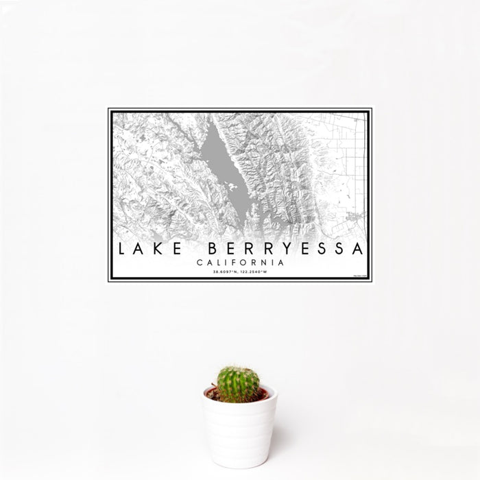 12x18 Lake Berryessa California Map Print Landscape Orientation in Classic Style With Small Cactus Plant in White Planter