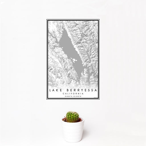 12x18 Lake Berryessa California Map Print Portrait Orientation in Classic Style With Small Cactus Plant in White Planter