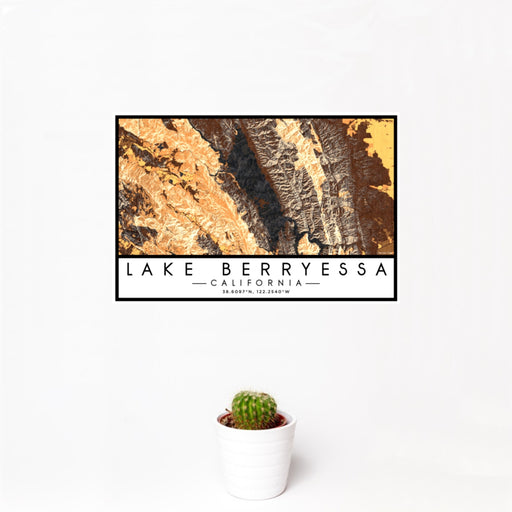 12x18 Lake Berryessa California Map Print Landscape Orientation in Ember Style With Small Cactus Plant in White Planter