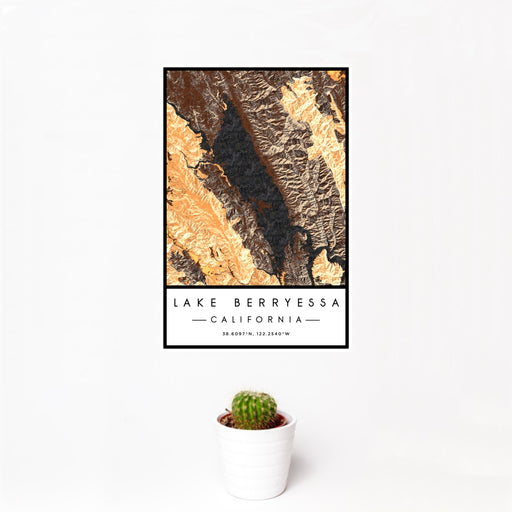 12x18 Lake Berryessa California Map Print Portrait Orientation in Ember Style With Small Cactus Plant in White Planter