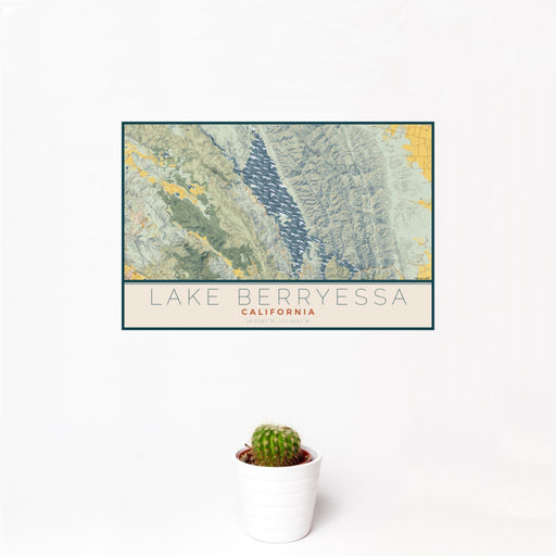 12x18 Lake Berryessa California Map Print Landscape Orientation in Woodblock Style With Small Cactus Plant in White Planter