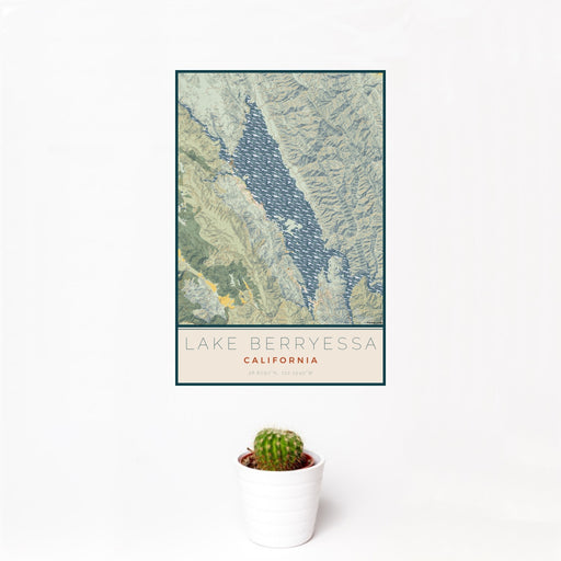 12x18 Lake Berryessa California Map Print Portrait Orientation in Woodblock Style With Small Cactus Plant in White Planter