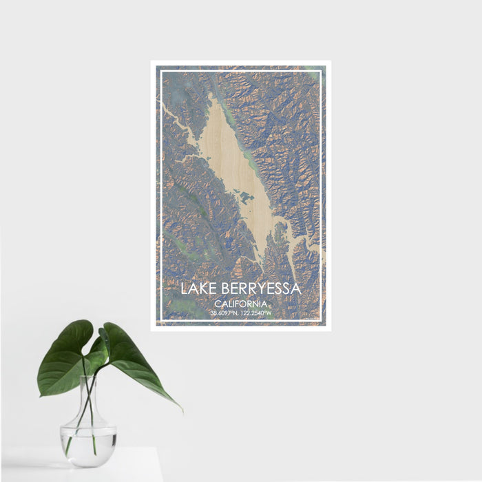 16x24 Lake Berryessa California Map Print Portrait Orientation in Afternoon Style With Tropical Plant Leaves in Water