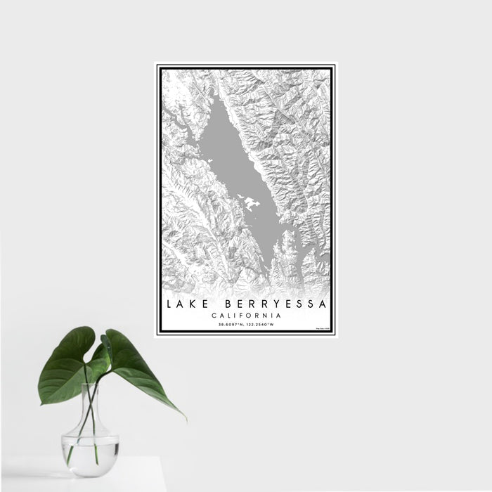 16x24 Lake Berryessa California Map Print Portrait Orientation in Classic Style With Tropical Plant Leaves in Water