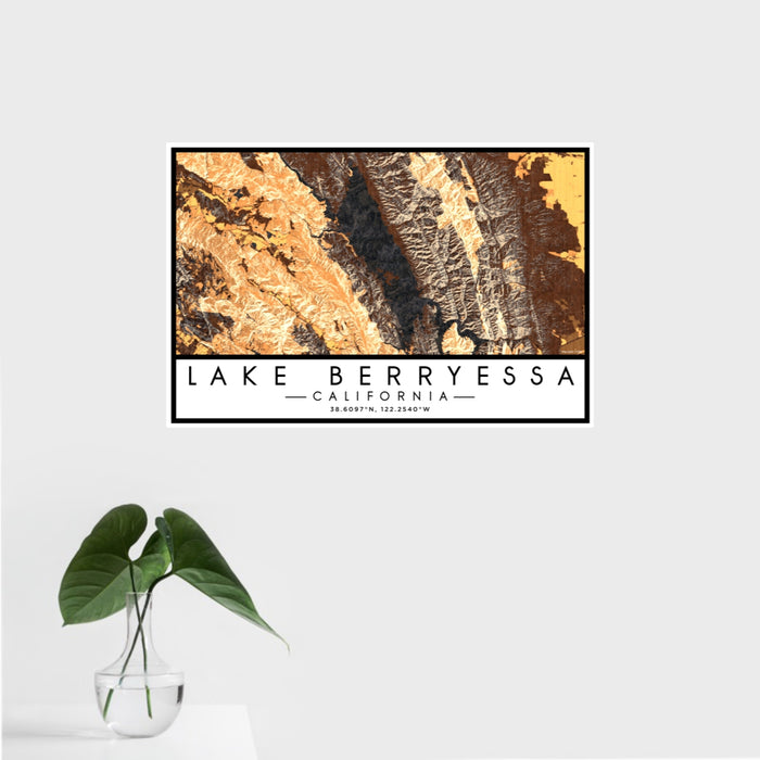 16x24 Lake Berryessa California Map Print Landscape Orientation in Ember Style With Tropical Plant Leaves in Water