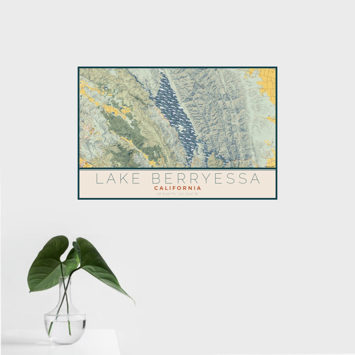 16x24 Lake Berryessa California Map Print Landscape Orientation in Woodblock Style With Tropical Plant Leaves in Water