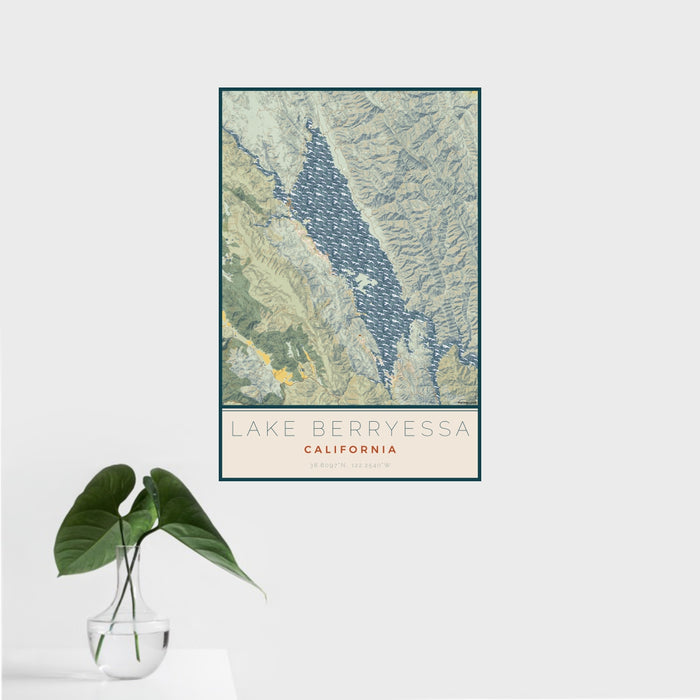 16x24 Lake Berryessa California Map Print Portrait Orientation in Woodblock Style With Tropical Plant Leaves in Water