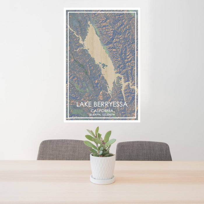 24x36 Lake Berryessa California Map Print Portrait Orientation in Afternoon Style Behind 2 Chairs Table and Potted Plant