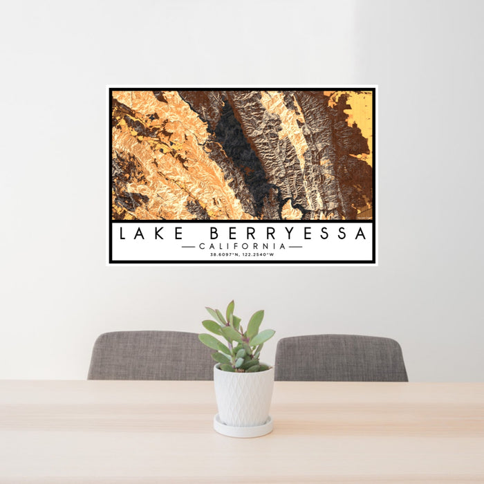 24x36 Lake Berryessa California Map Print Lanscape Orientation in Ember Style Behind 2 Chairs Table and Potted Plant