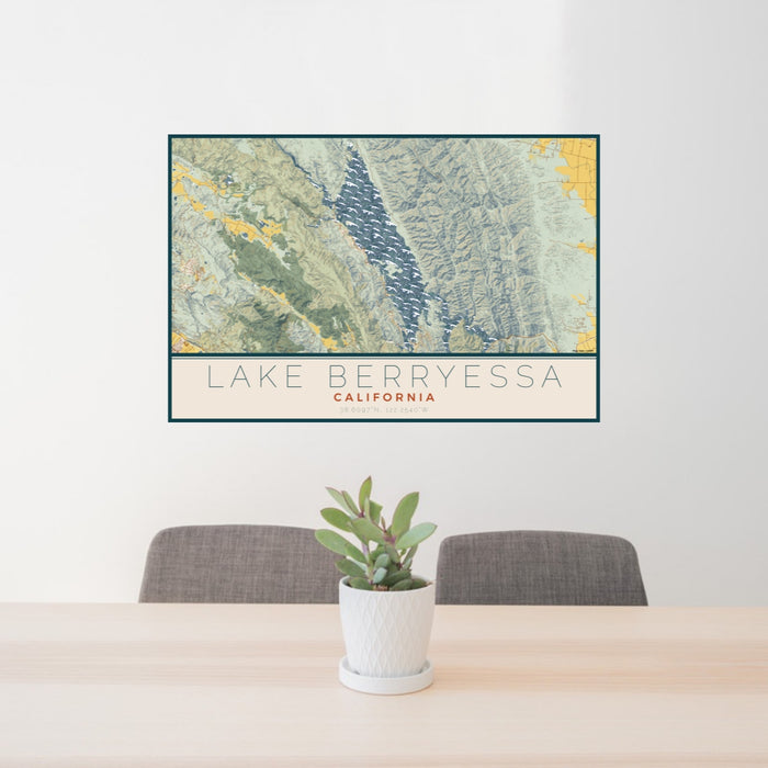 24x36 Lake Berryessa California Map Print Lanscape Orientation in Woodblock Style Behind 2 Chairs Table and Potted Plant